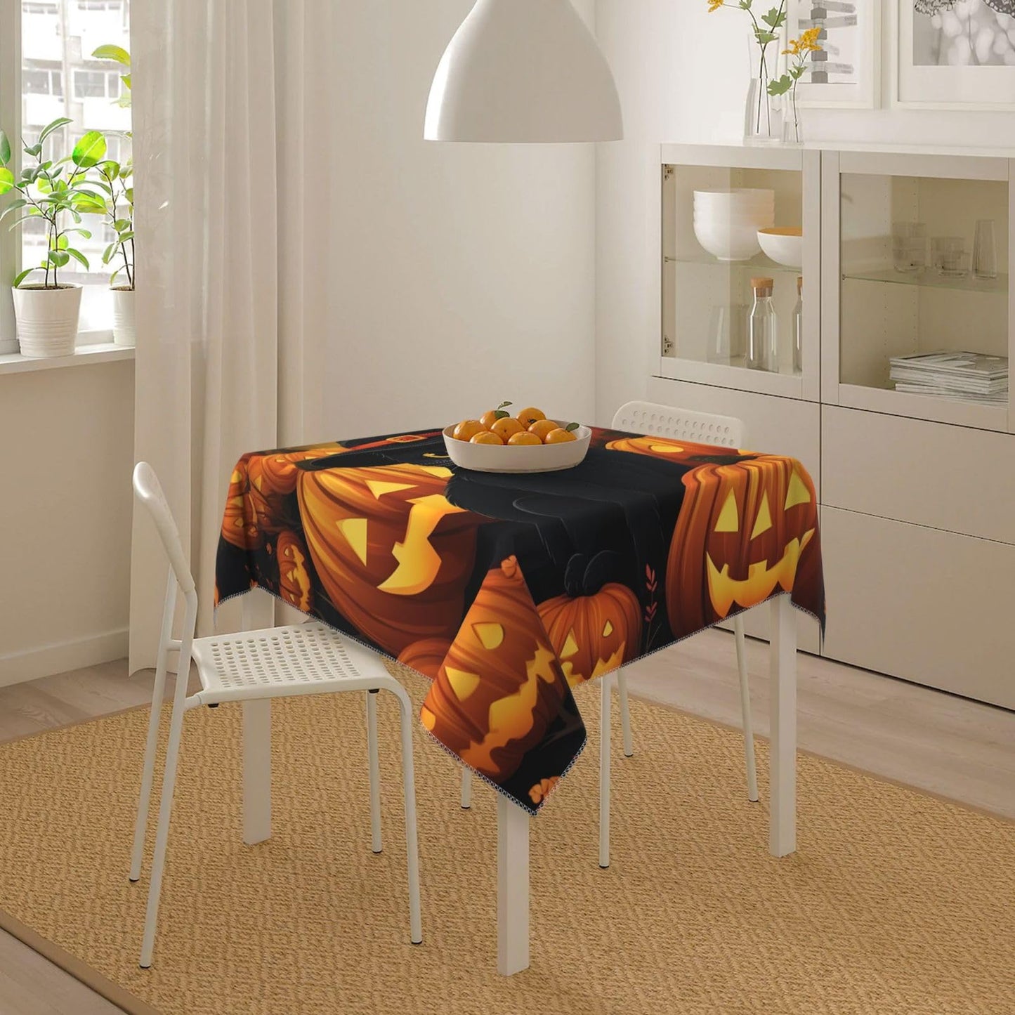 Entemne Square Table Cloth 55x55 Inch Halloween Pumpkin Pattern Cut Cat Tablecloth Washable Soft Wrinkle Free Dust Proof Card Table Cover for Tea Party Picnic Kitchen Dining Decor