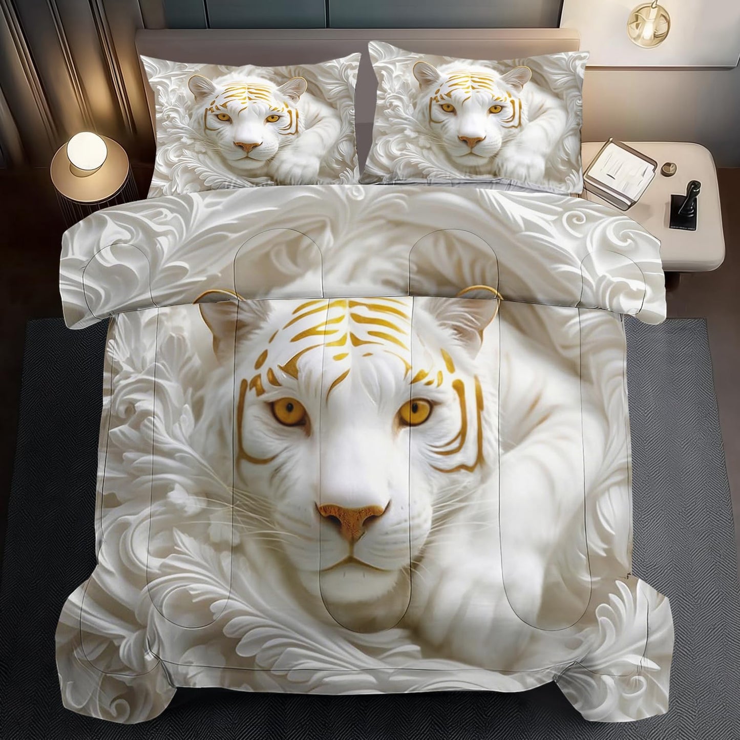 llyxsesty White Tiger Comforter Set Queen for Boys Relief Sculpture Bedding Set Teen Boys Animal Comforter Queen Quilt Girls Tiger Bedroom Decor African Animal Bedding White Lion Home Decor