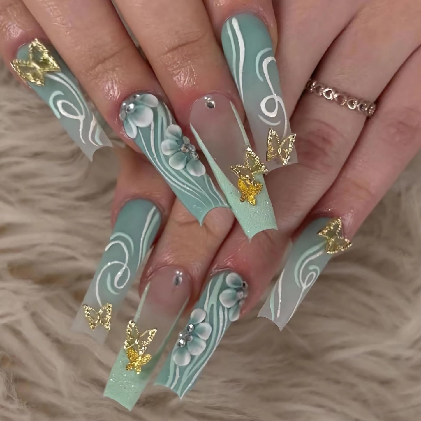BABALAL Long Coffin Press on Nails - Green Fake Nails, 3D Golden Butterfly Glitter Shiny Design, Acrylic Glue on Nails for Women and Girls 24 Pieces