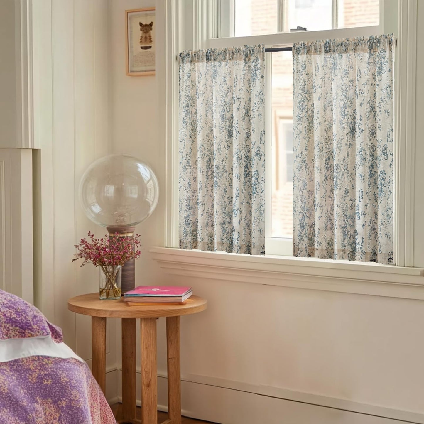 jinchan Floral Linen Tier Curtains Blue Flower on Beige Cafe Curtains 36 Inch Length Kitchen Living Room Bedroom Bathroom Farmhouse Rustic Country Rod Pocket 2 Panels