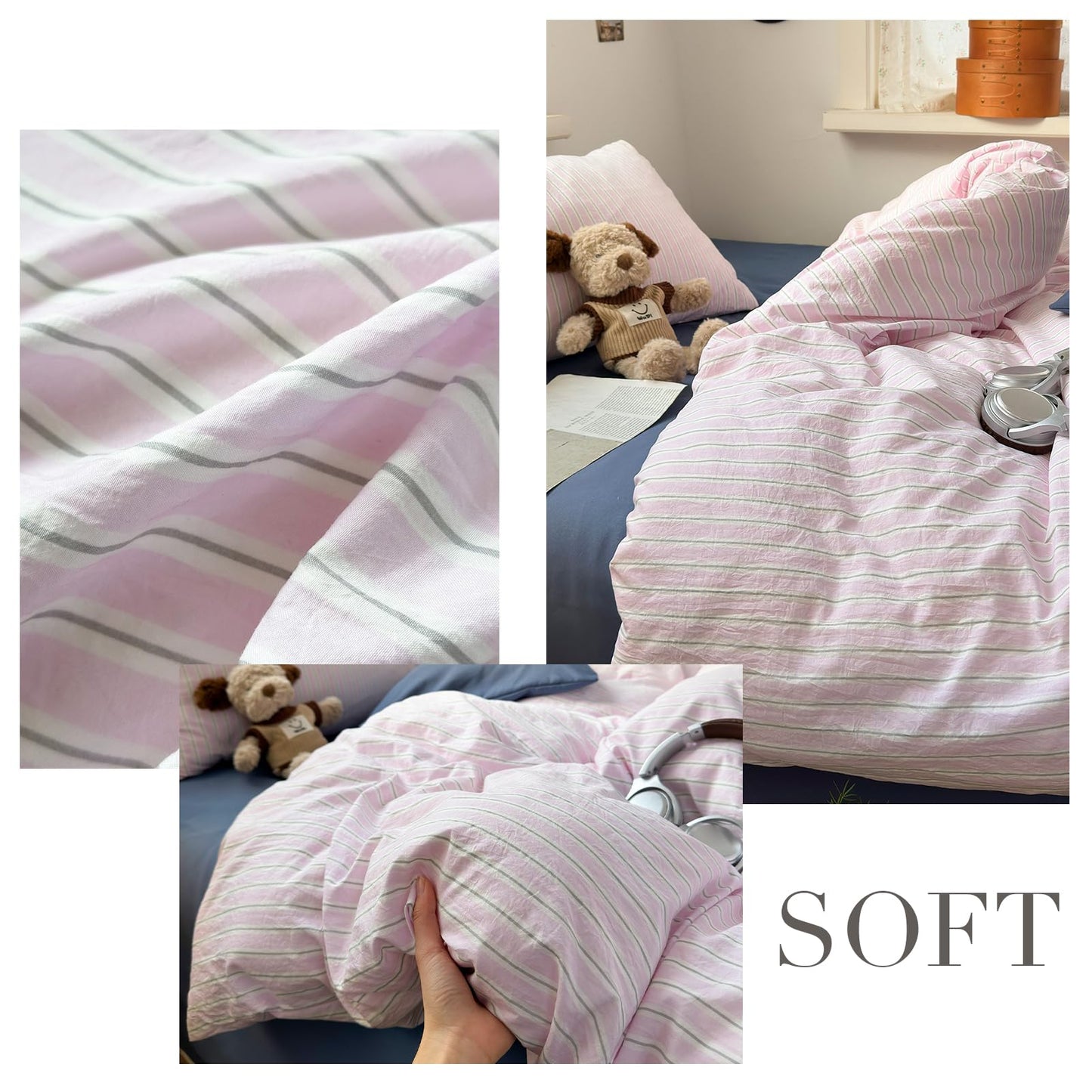 VM VOUGEMARKET Pink Striped Duvet Cover Set Queen Size,Casual Stripe Bedding Set for Teens Girls,Soft Microfiber Comforter Cover for Modern Bedroom,90"x90"