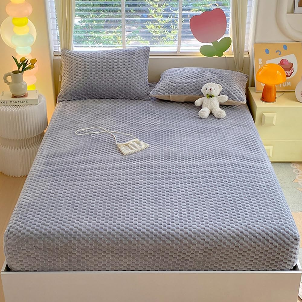 ZIQINPSQ Cozy Fleece Fitted Sheet Full Size - Ultra Soft Fuzzy Bed Sheets for Winter, Deep Pocket 15'' Velvet Plush Bottom Sheet Only (Anti-Static & Warm), Gray