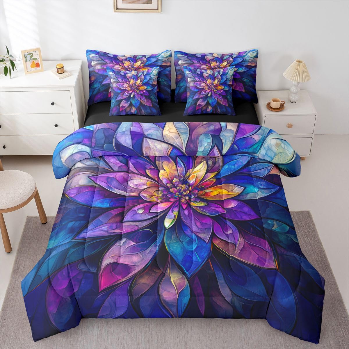 Erosebridal Lotus 7 Piece Bedding Set Twin Stained Glass Comforter Set with Sheets Flowing Light Modern Art Flowers for Kids Boys Girls Geometric Floral Purple Blue Bed in a Bag