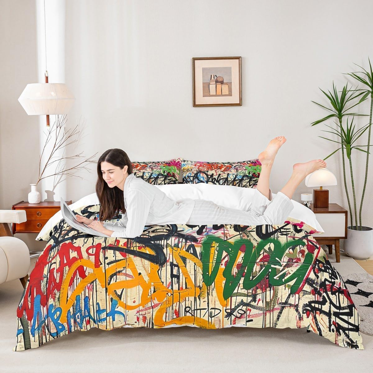 Manfei Graffiti Duvet Cover Set Street Art Hip Hop Bedding Set 3pcs for Kids Boys Girls Modern Fashion Design Comforter Cover Microfiber Bedspread Cover with 2 Pillow Cases(No Comforter) Queen Size