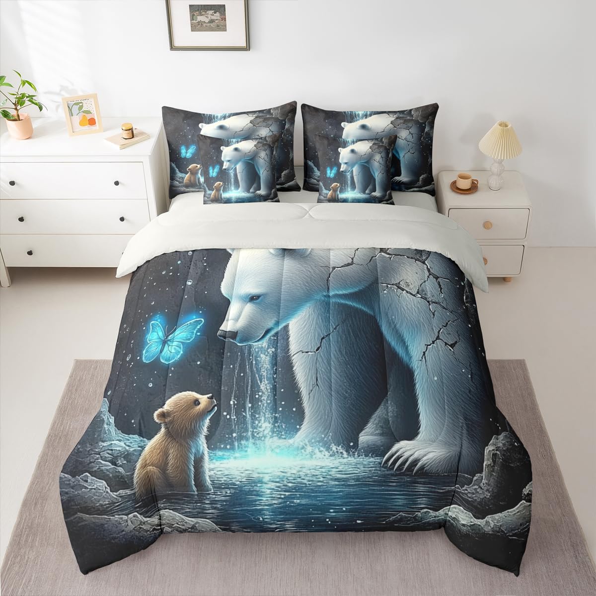 Erosebridal Bears 7 Piece Bedding Set Twin Butterfly Comforter Set with Sheets Broken Cave Water Droplets Pool Bed in a Bag Cute Wild Animals Natural for Kids Boys Girls