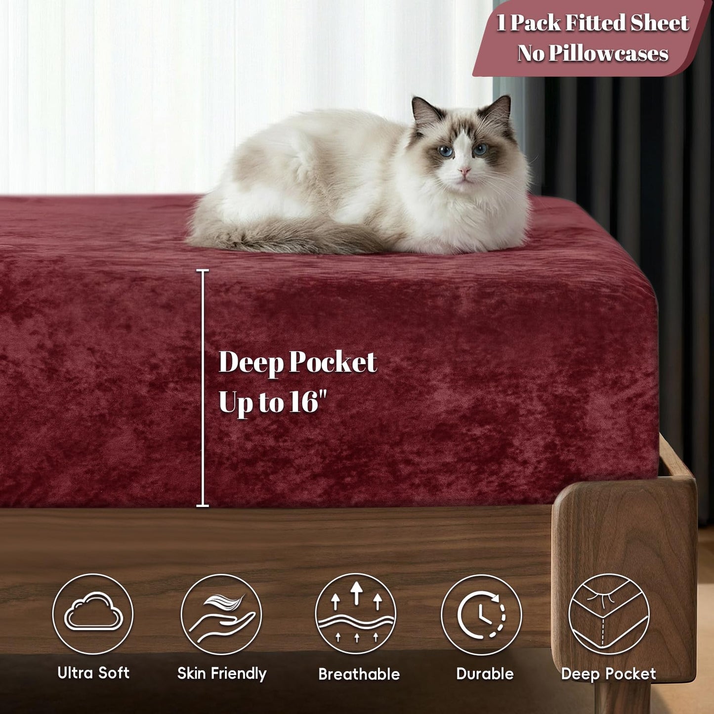 PHF Truly Velvet Fitted Sheet Only Full Size, Luxury Super Soft Cozy Fuzzy Flannel Bottom Sheet, Deep Pocket Up to 16",Strenghth Elastic Band, Suitable for Fall Winter Spring, No Pillowcases, Wine Red