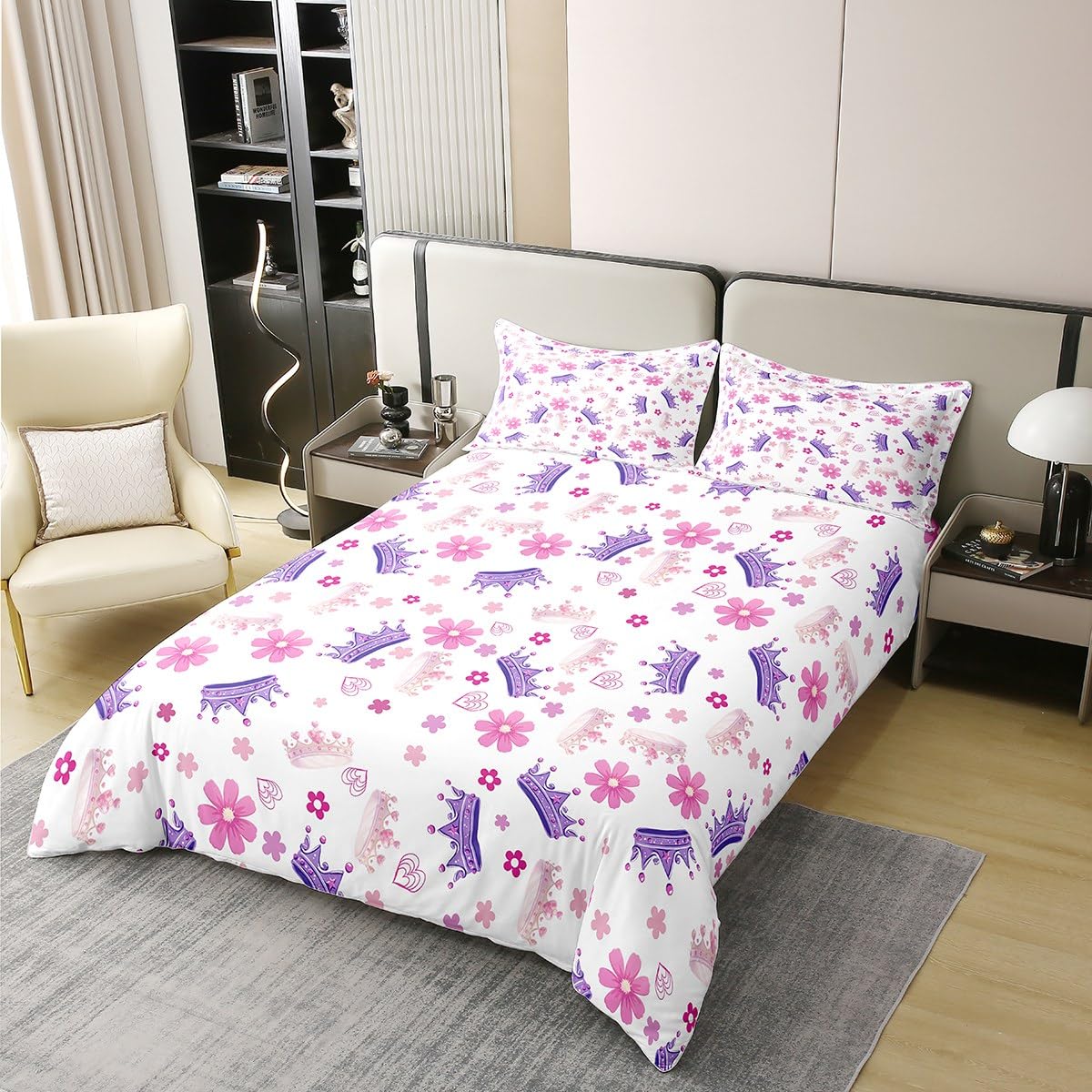 Manfei Princess 100% Cotton Duvet Cover Set Twin Size, Pink Purple Crown Print Bedding Set 2pcs, Cute Flower Girly Cartoon Quilt Cover, Kids Girls Room Decor, 1 Pillowcase,No Comforter