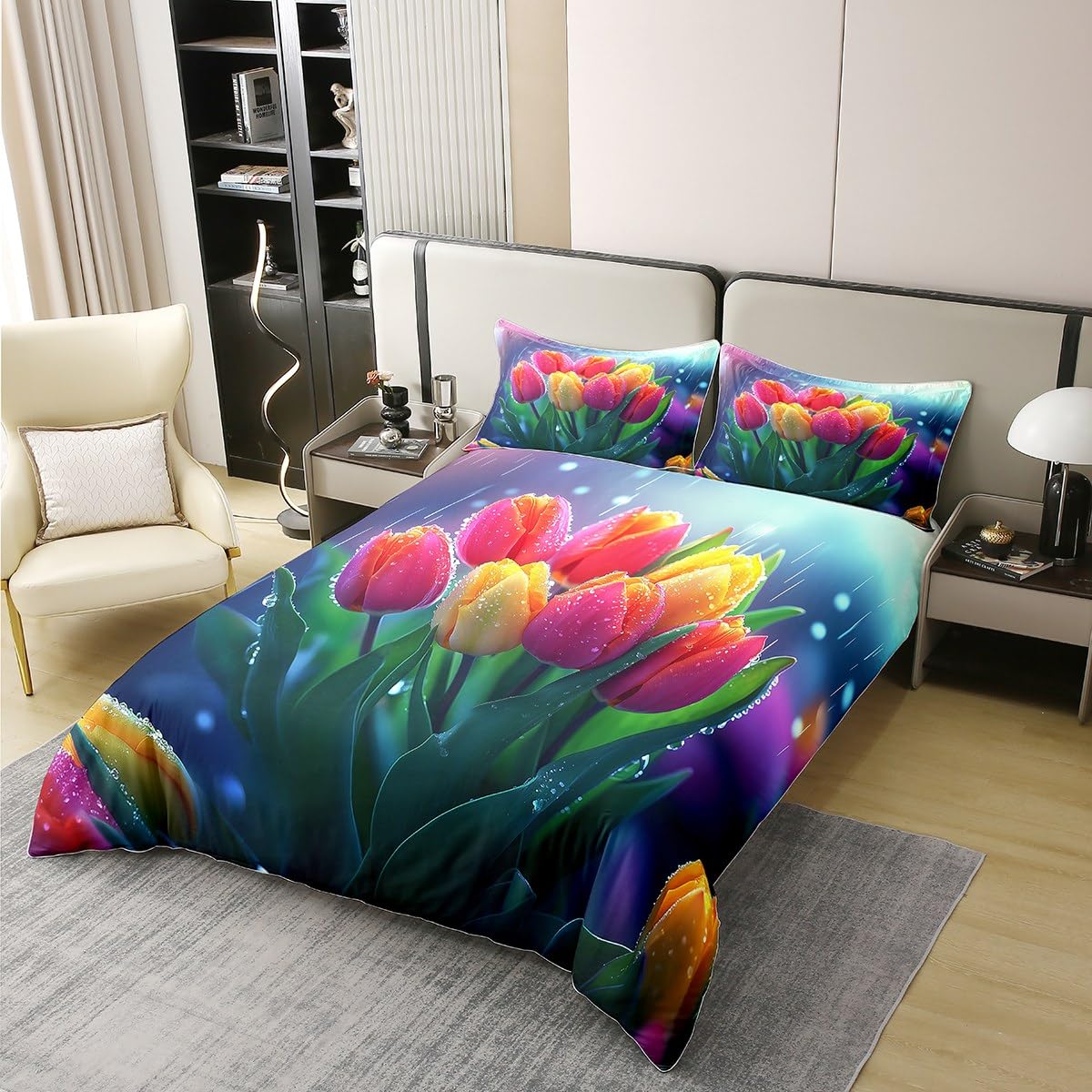 Erosebridal Tulips Comforter Cover Twin Size 100% Cotton Spring Summer Flowers Duvet Cover for Kids Girls Teen Women,Rainy Floral Pink Yellow Tulips Bedding Set Pastel Plants Bed Set