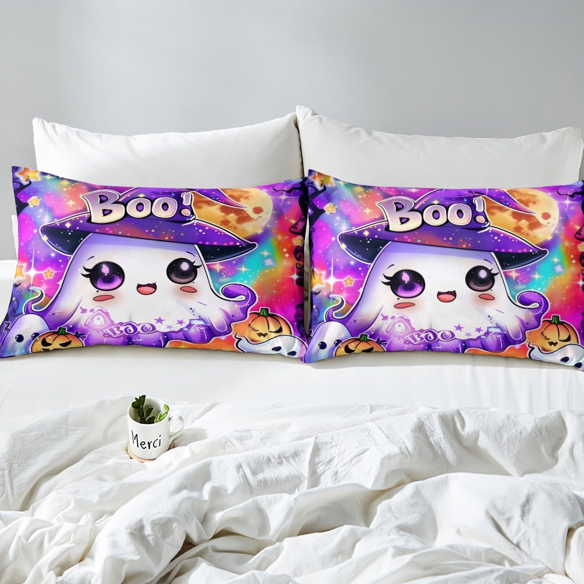 Kawaii Ghost Fitted Sheet,Dreamy Kids Halloween Decor Cute Ghost Bed Sheet 3 Pieces Fits Mattress,Tie Dyed Moon Night Sequin Print Decorative Fabric Bedding All-Round Elastic Pocket