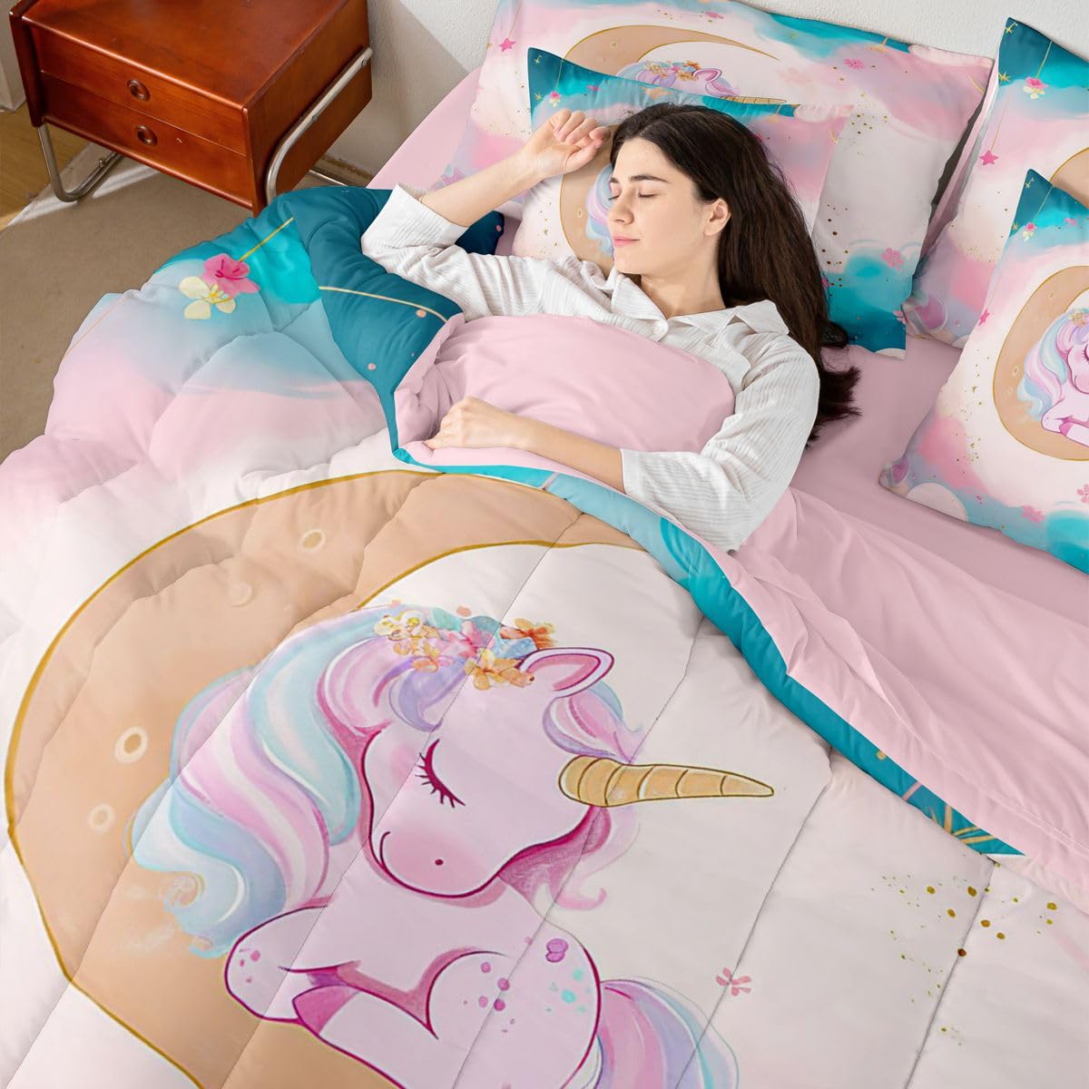 Erosebridal Pink Unicorn Bedding Set 7 Pieces Twin Size for Girls Kids Cute Rainbow Unicorn Comforter Set with Sheets Gradient Blue Pink Princess Bed in A Bag Dreamy Moon Bed Sets All Season
