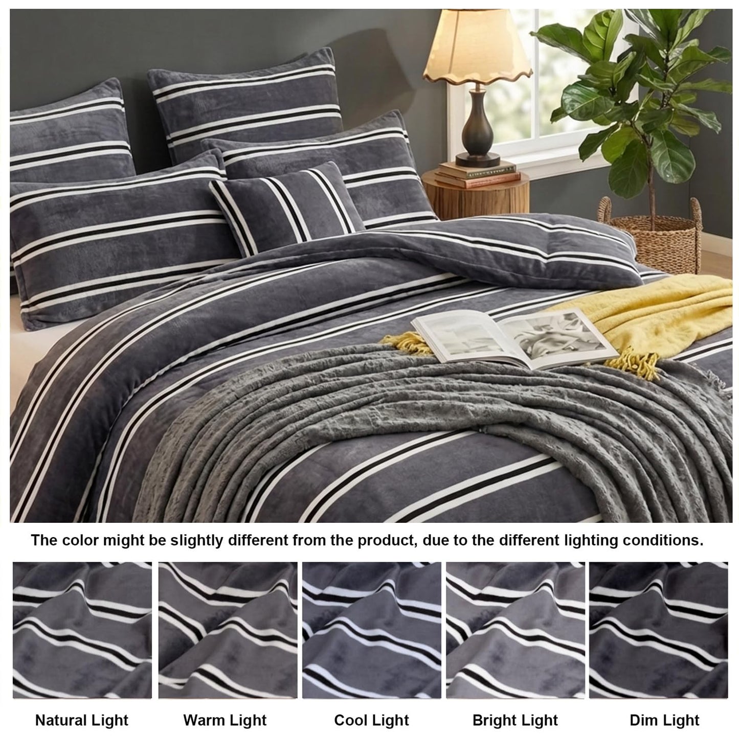 Bedbay Grey Striped Bedding Comforter Set King Size Luxury Velvet Fleece Comforter Set 3 Pcs Fluffy Plush Flannel Bedding Set Cozy Reversible Fleece Soft Warm Shaggy Faux Fur Bed Set All Season