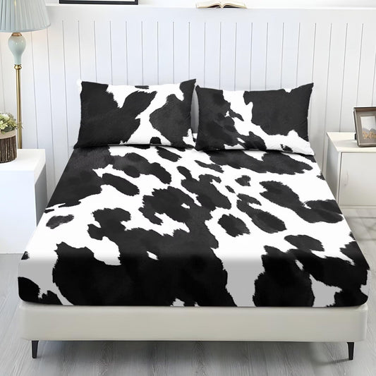 ZDCUSTOM Cow Print Sheet Sets of 3 Twin XL Size Soft Classic Fitted Sheet with 2 Pillowcases Easy Care Non-Slip Bedsheet for Twin XL Size Bed Stylish, 39" x 79"