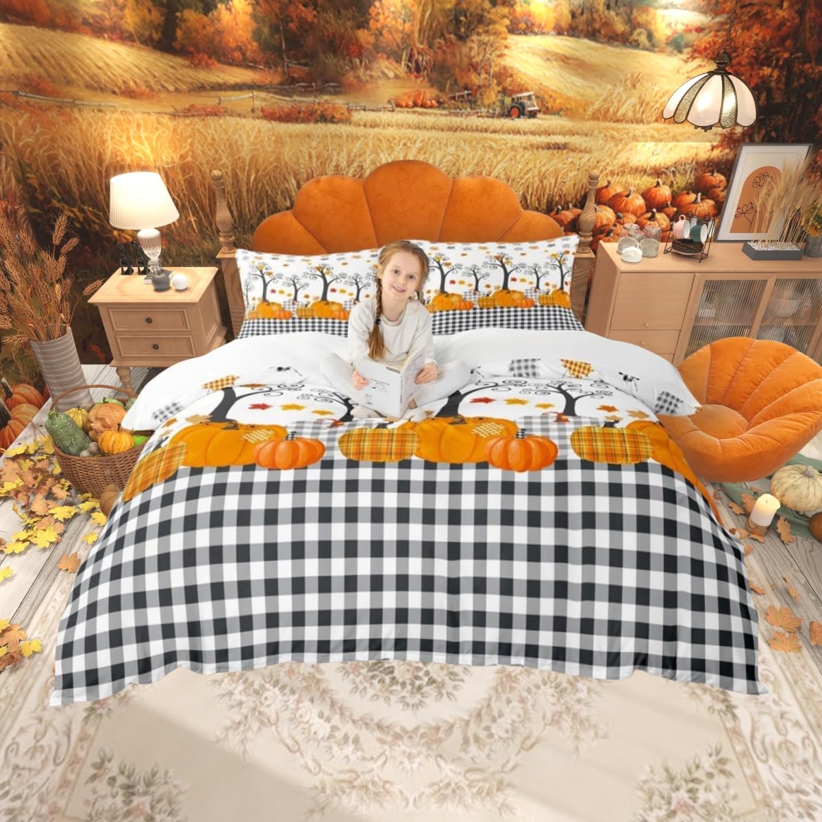 Pumpkin Autumn Duvet Cover Set King Size,Kids Adults Bedroom/Farm Halloween Decor,Black White Plaid Bedding Set,Maple Trees Fall Leaves Comforter Cover,Rustic Orange Quilt Cover,3pcs,2 Pillowcases