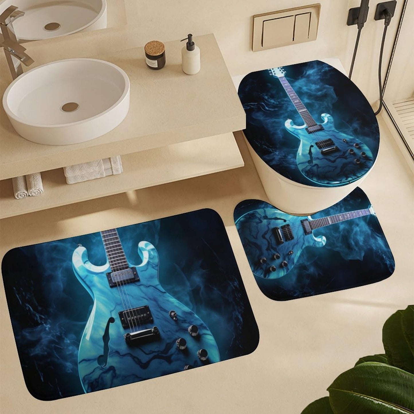 FOCCAFB 4 Piece Vintage Guitar Shower Curtain Set with Rugs, Vintage Musical Instrument Include Bathroom Non-Slip Floor Mat, U-Shaped Bath Rug and Toilet Cover Lid with 12 Hooks