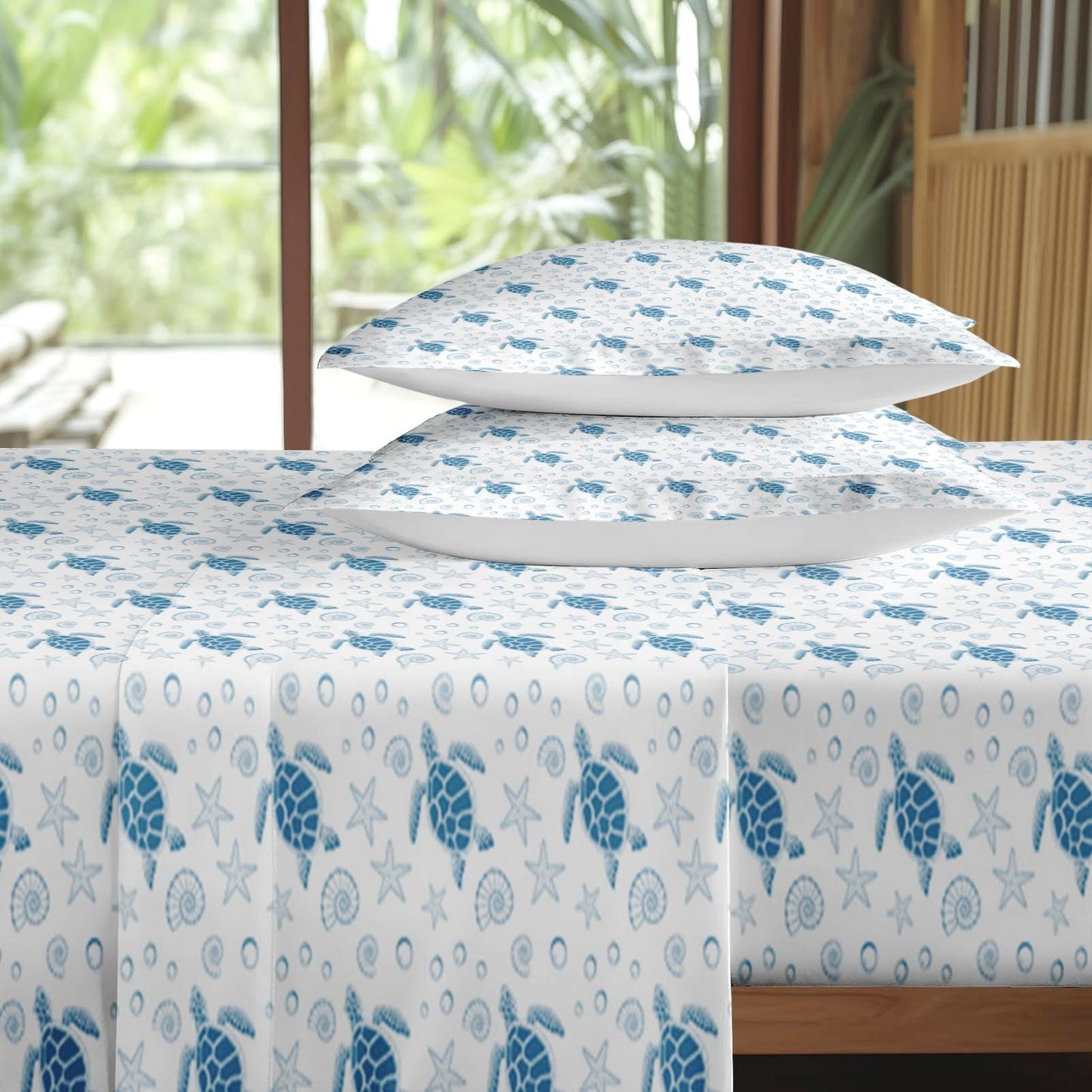 Pamnest Queen Size Bed Sheet Sets, Sea Turtle Ocean Soft Microfiber 4 Pcs Bedding Sets for Kids and Adults Bedroom Bed Decor, Animal Starfish Beach Flat, Fitted Sheet and 2 Pillowcases