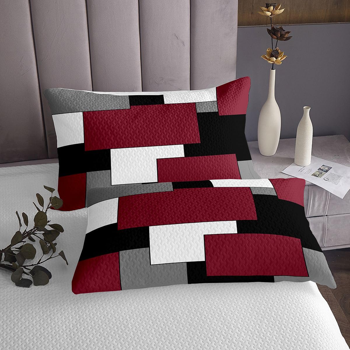 jejeloiu Red White Geometric Grid Bedspread King Size Aesthetics Art Coverlet Set Modern Abstract Quilted Coverlet for All Season with 2 Pillowcases Microfiber Lightweight