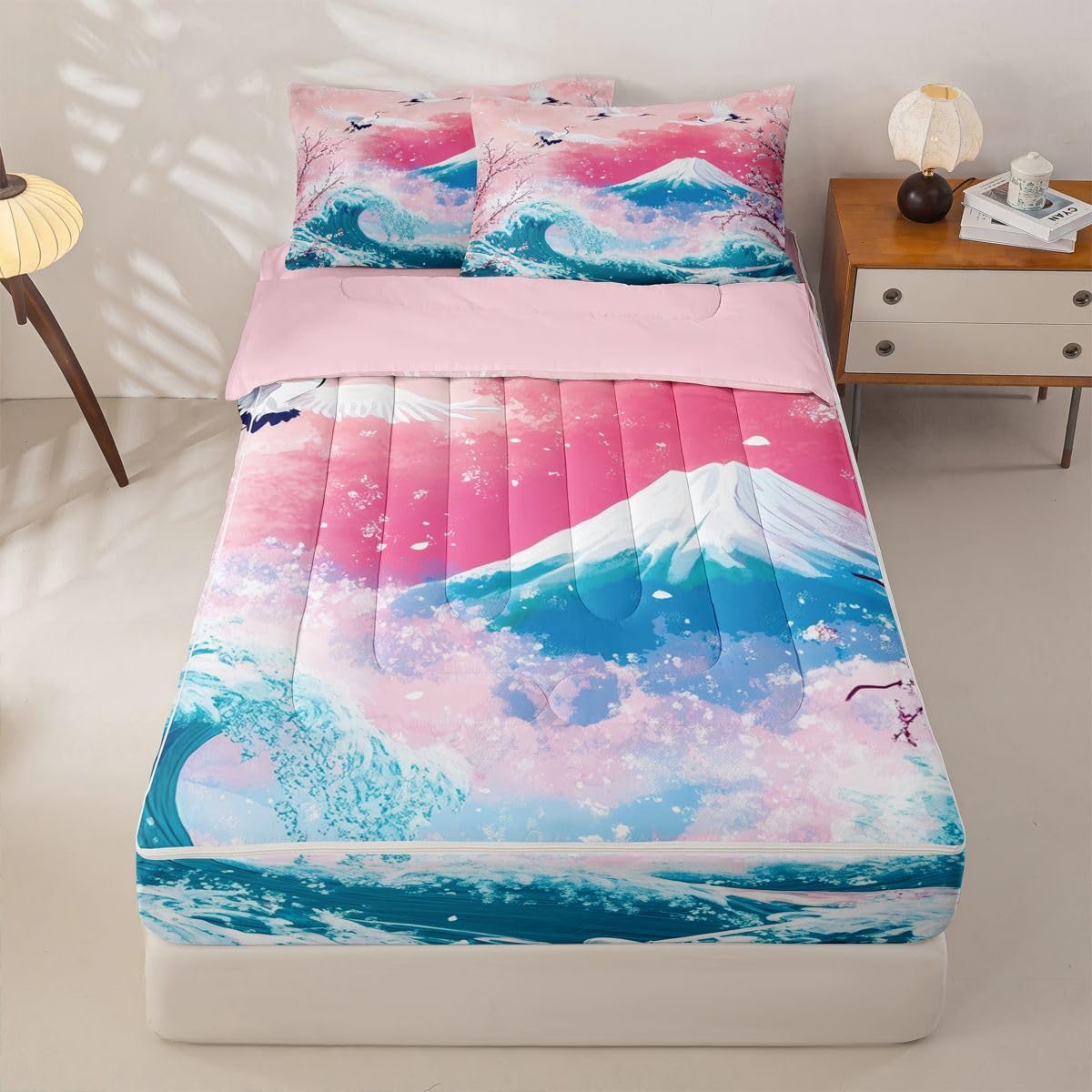 Erosebridal Pink Ocean Waves Zipper Bedding Twin Size, Japanese Style Kids Comforter Set - Japanese Cherry Blossom Fuji Mountain Zip Up Comforter Bed in A Bag