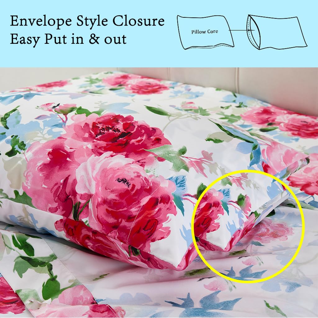 JSD Watercolor Rose Floral Sheet Set King Size, 4 Piece Soft Printed Microfiber Sheets Extra Deep Pocket
