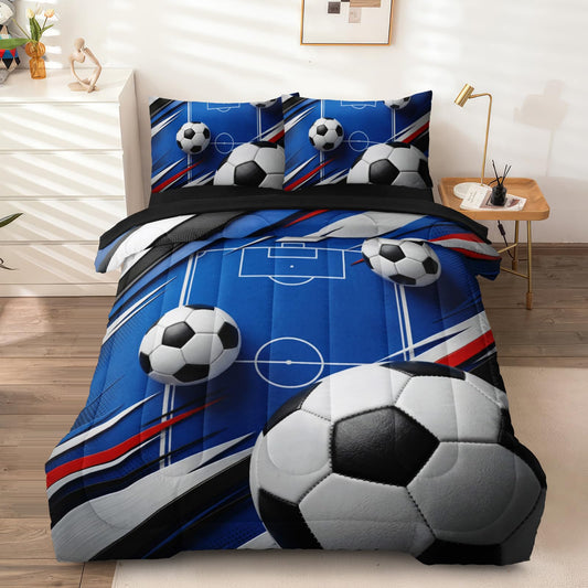 HICAND 5 Pcs Soccer Full Bedding Set for Boys Teens, Full Size Sports Blue Soccer Field Boys Comforter Set with Sheets