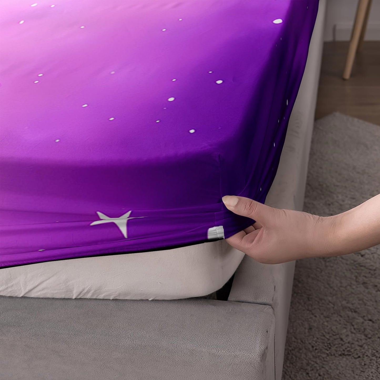 HOSIMA Butterfly Twin Bedding Sets for Girls Room Decor,Symmetrical Aesthetics Butterfly Fitted Sheet,Black Purple Background Print Animal Bedding with Stars Pattern,1 Fitted Sheet+2 Pillowcases.