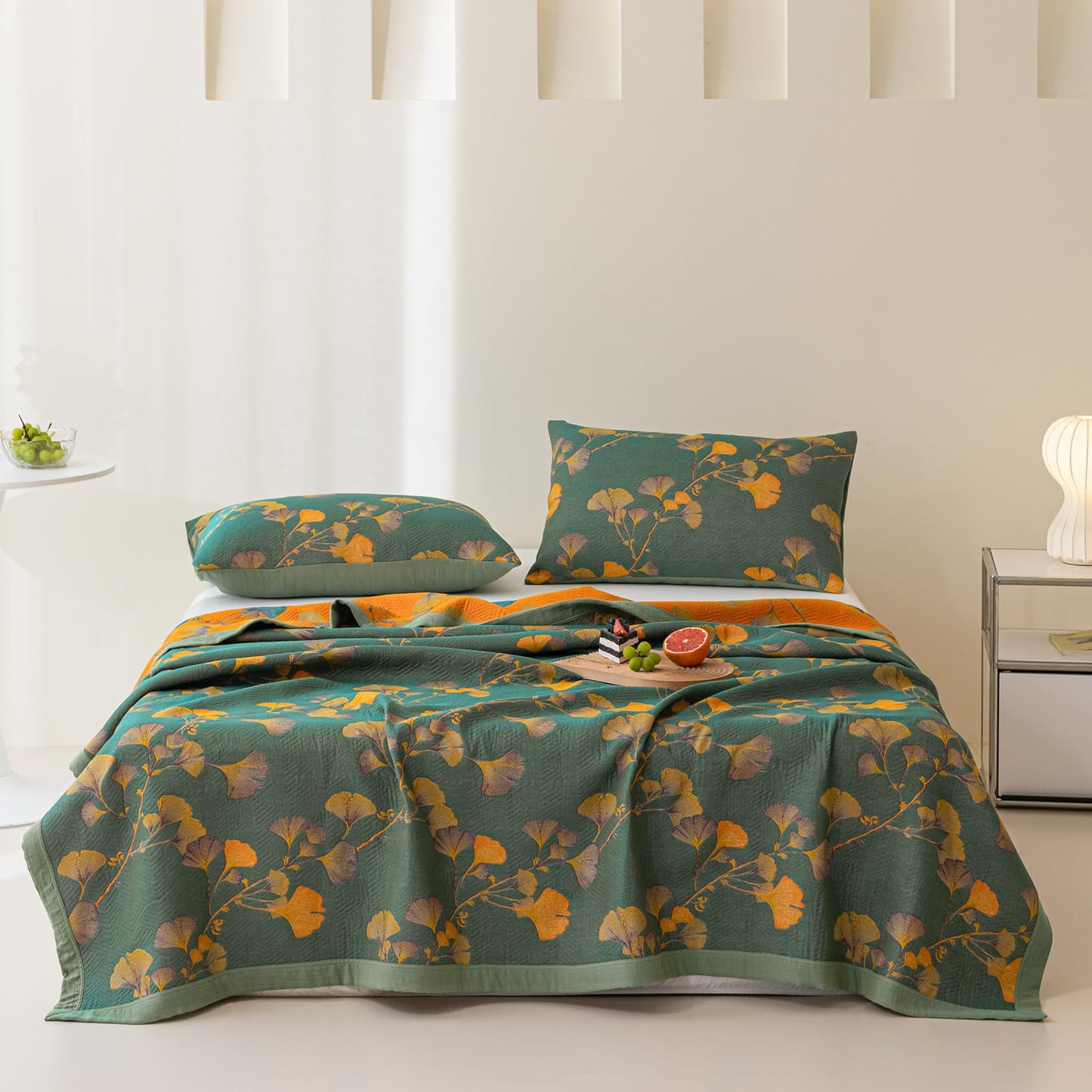 Purefair 100% Cotton Jacquard Quilt Floral Ginkgo Leaves Print,Soft Muslin Bed Cover 3 Layers Reversible Bedspread Coverlet Breathable Lightweight Bedding,Full/Queen(78"x94"), No Pillow Sham