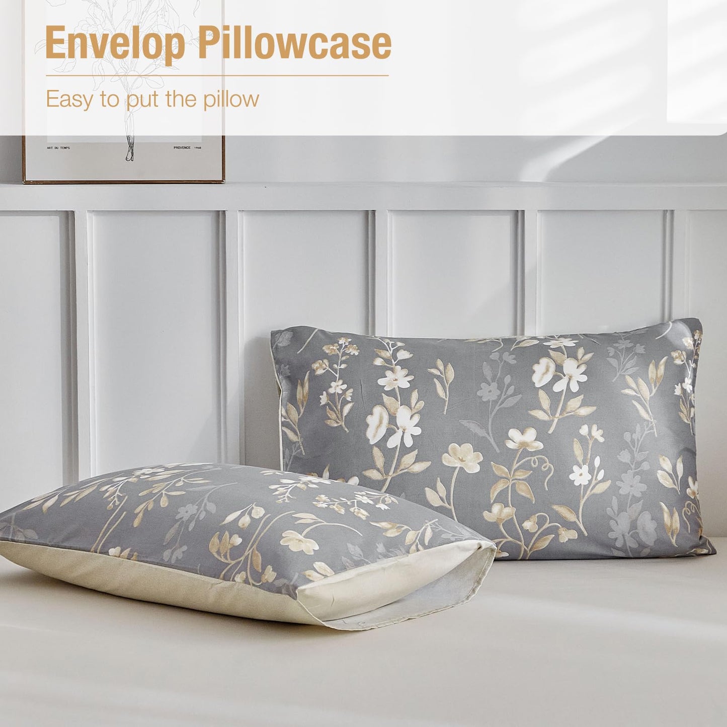 Lekesky King Duvet Cover Set, Gold Floral Duvet Cover King Size, 3 Pieces Grey Bedding Sets with Zipper, Ultra Soft Microfiber Reversible King Size Comforter Cover with 2 Pillowcases 20"x36"