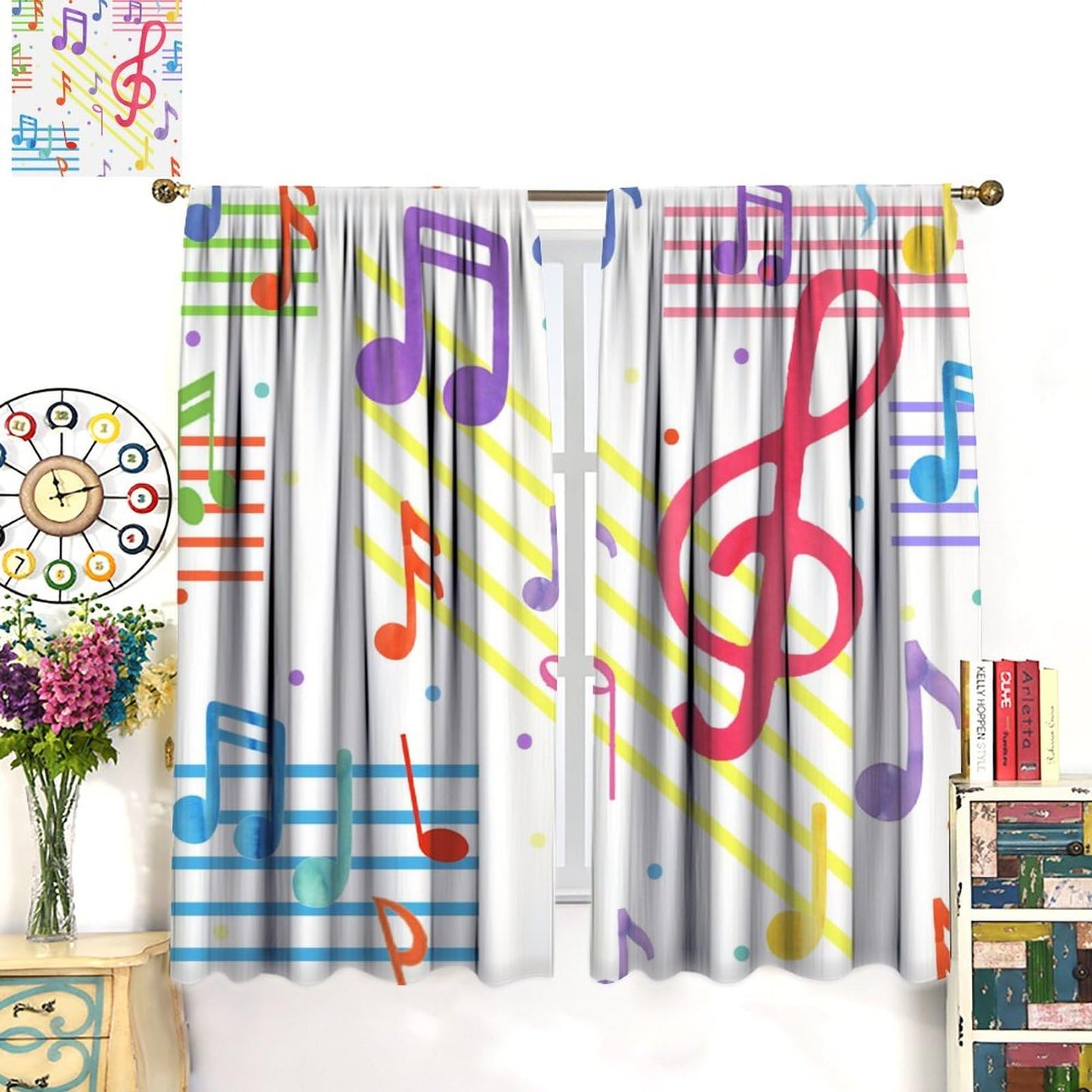 Cool Musical Theme Notes Curtains - Colorful Abstract Modern Music Symbol Print Window Drapes Room Darkening Blackout Curtains Thermal Insulated Rod Pocket Curtains for Bedroom 2 Panels 45"L x 21"W