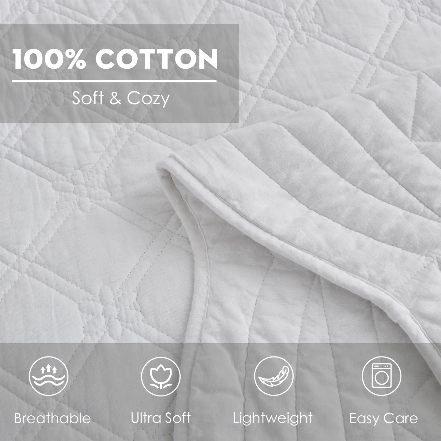 CHIXIN Cotton Bedspread Full Size - Real Stitching - Luxury Quilted Bedding Cover for All Season, Reversible, Ultra Soft, Lightweight, 3 Piece, Pure White