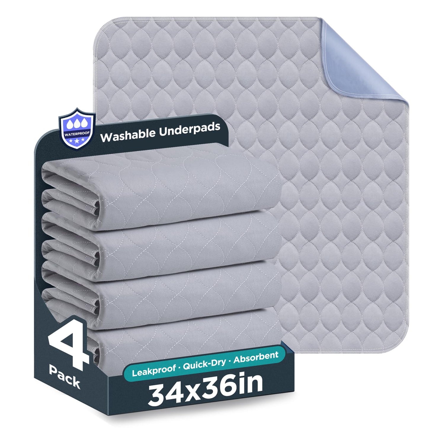 Washable Bed Pads 34" x 36" - 4 Pack, Grey, Waterproof Bed Pads for Incontinence, Bed Wetting Pads for Bed, Sofa, Floor, Resuable Underpads for Adults, Seniors, Pet