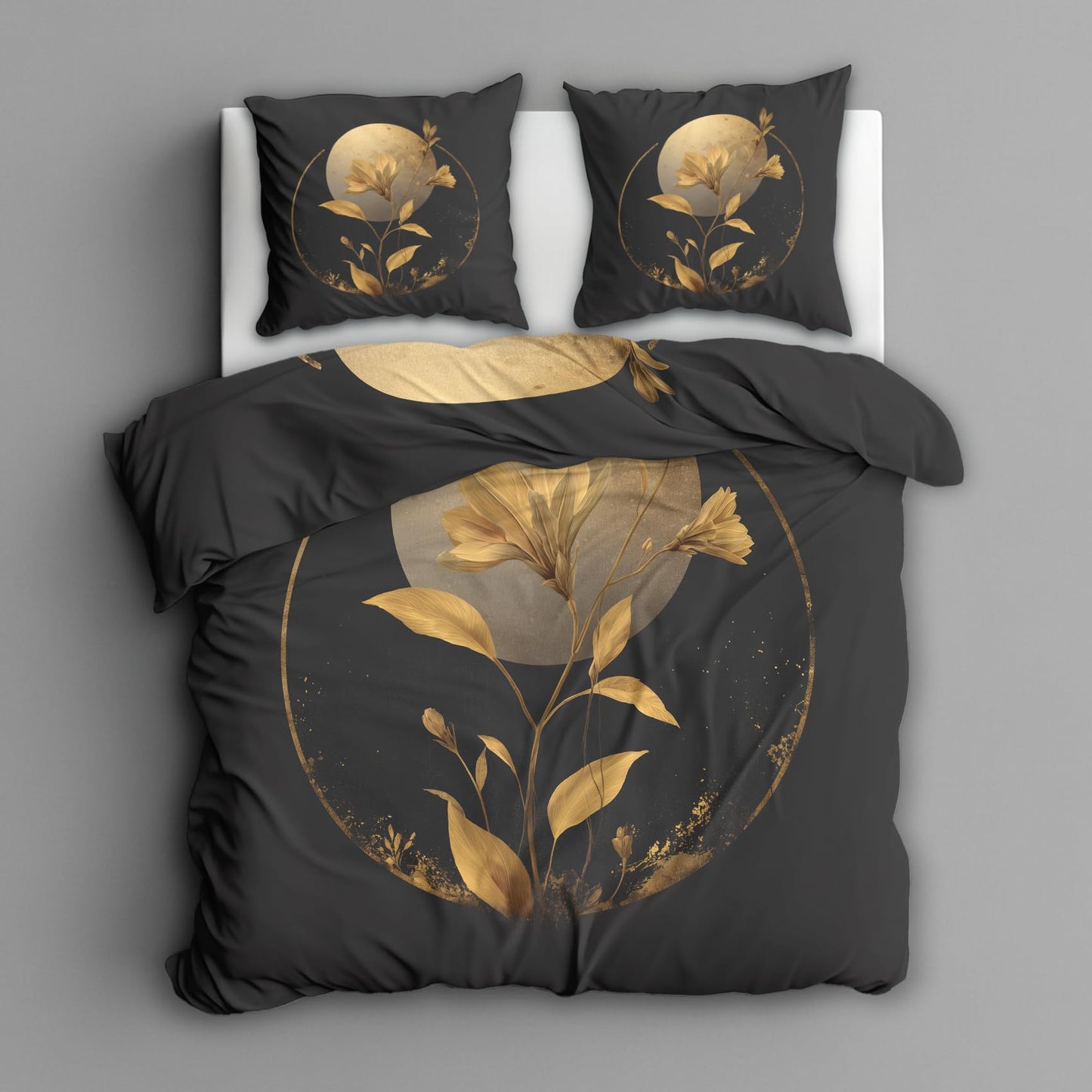 Golden Floral Moon Full Duvet Cover Set 3 Piece, Black Flower Reversible Bedding with 2 Pillow Shams, Zipper & Ties, Ultra Soft Microfiber, Floral Bedroom Decorations 69A-R
