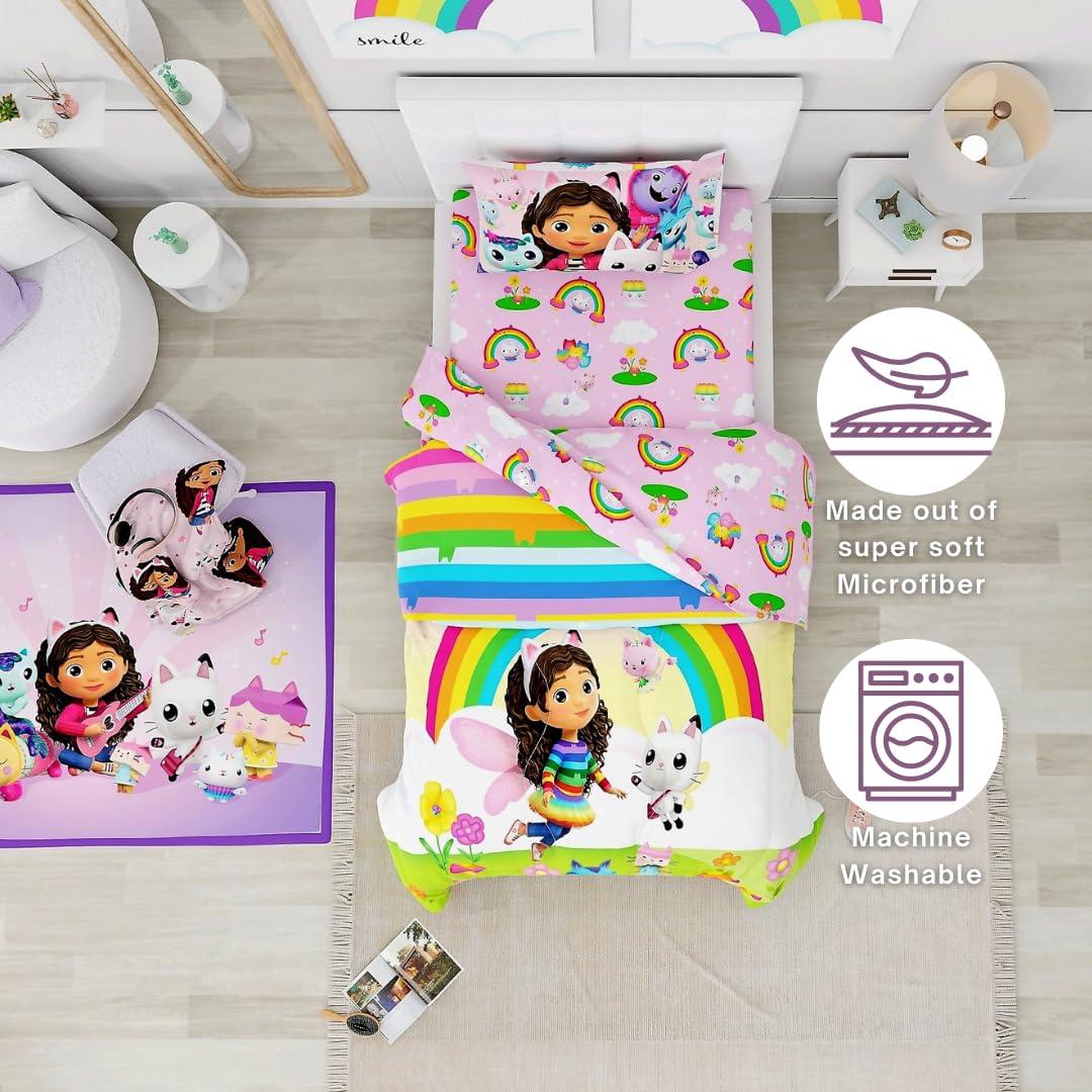DreamWorks Gabby's Dollhouse Cakey, Mercat and Pandy Kids Bedding Super Soft Comforter and Sheet Set, 4 Piece Twin Size, (Official Licensed Product) by Franco