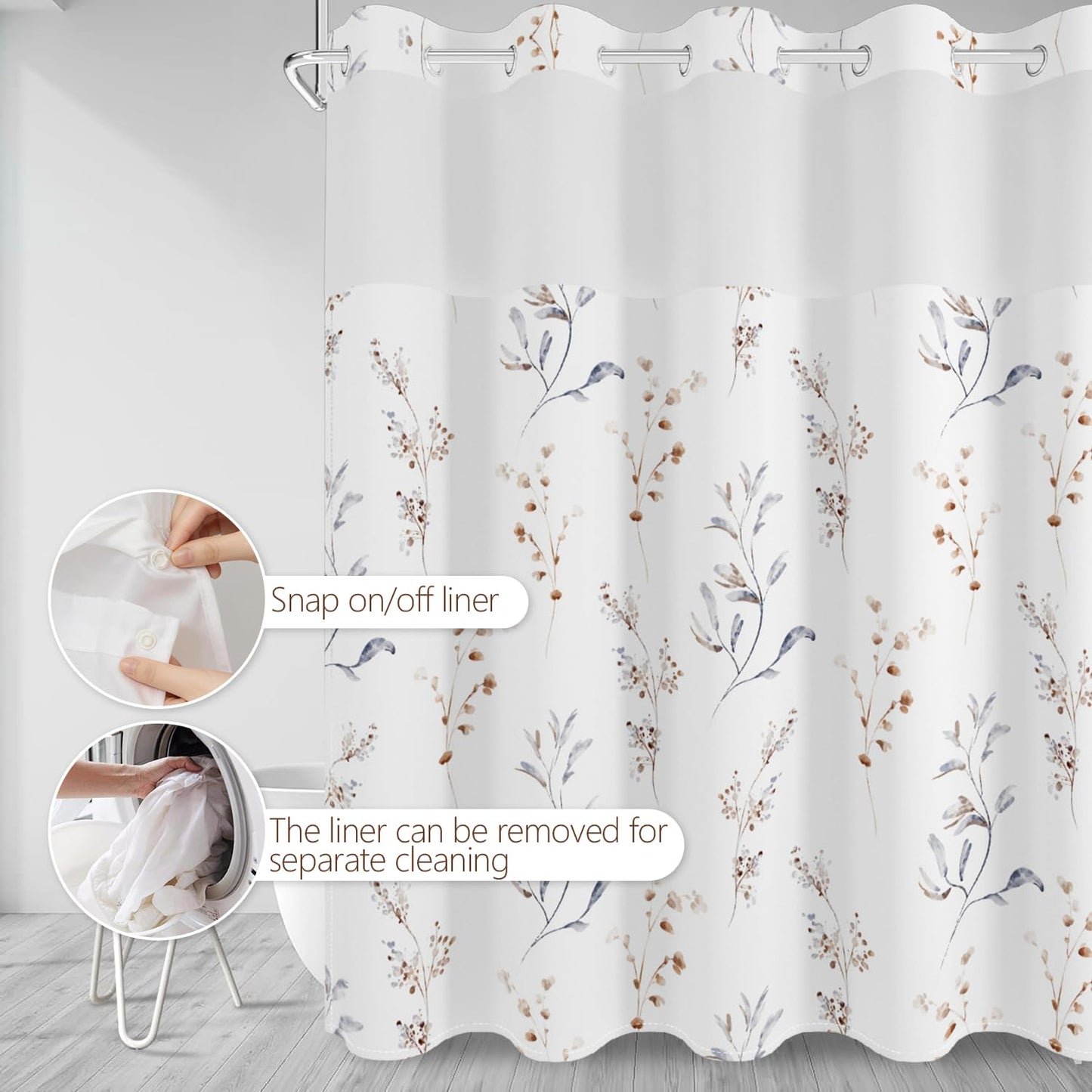 No Hook Shower Curtain with Snap in Fabric Liner Set, Waterproof & Washable, Boho Beige Floral Shower Curtains for Bathroom, Elegant Neutral Modern Hotel Botanical Flower Bathroom Curtain, 71x74 inch