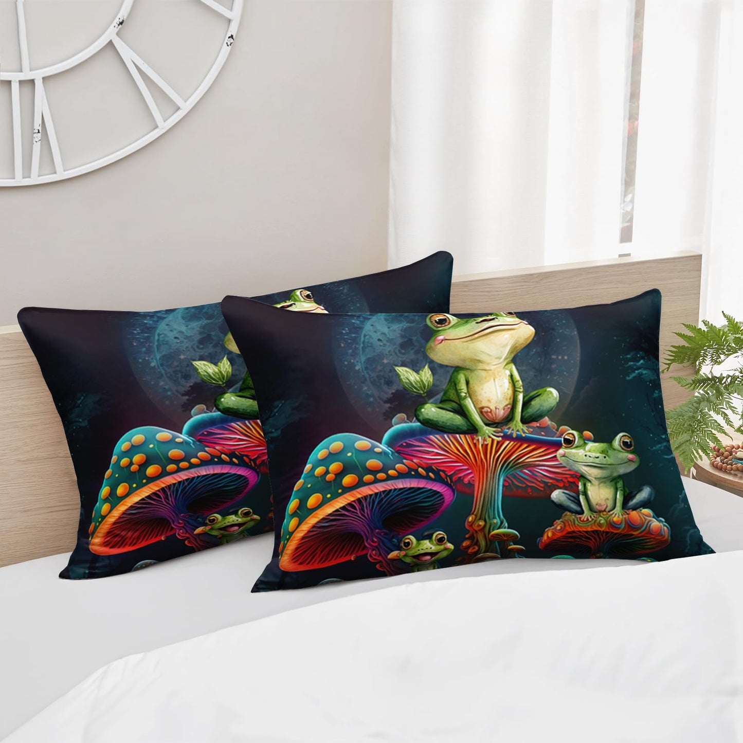 AILONEN Frog Comforter Set Queen Size,Fantasy Magic Mushroom Frog Kids Bedding Set for Boys Girls,Green Wild Animals Duvet Set 3 Pieces, 1 Quilt and 2 Pillowcases, All Season