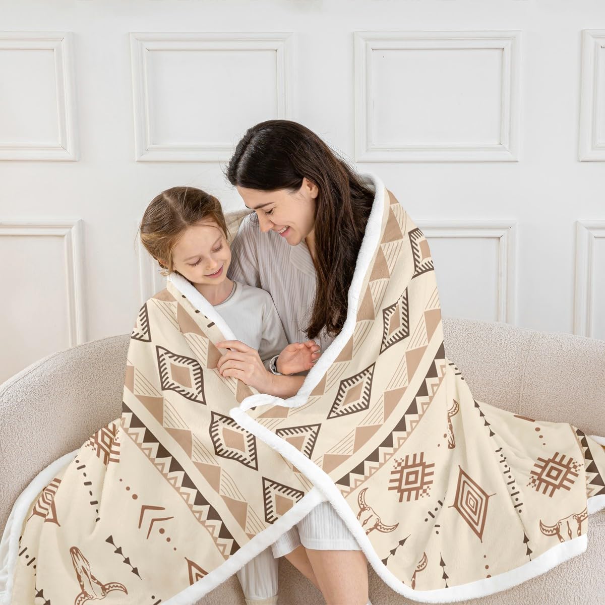 Erosebridal Bohemian Aztec Fleece Blanket Twin Size, Western Bull Skull Sherpa Blanket, Geometric Farmhouse Fuzzy Plush Throw, Southwestern Native Decor for Sofa Couch