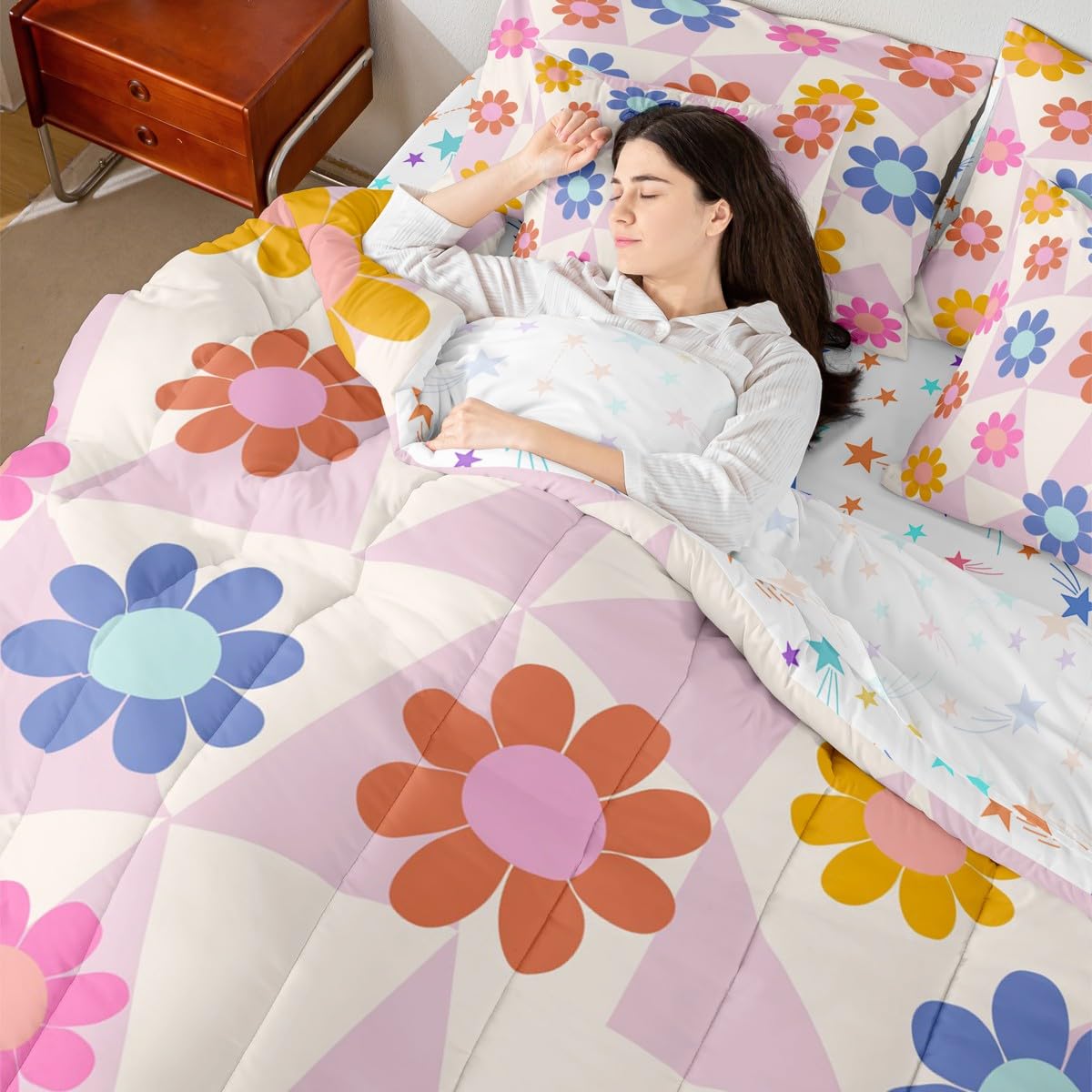 Erosebridal Daisy 7 Pcs Bedding Set for Teen Girls Cute Flower Comforter Set with Sheets Twin Size for Kids Young Women Children Cartoon Floral Bed in A Bag Abstract Aesthetic Geometric Bed Sets