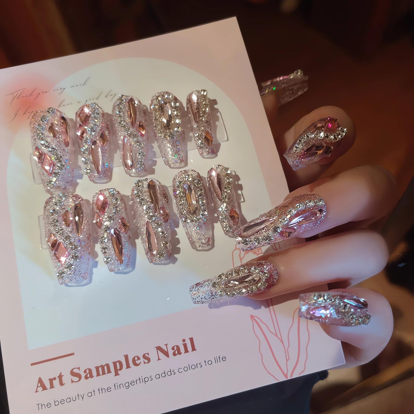 IMSOHOT Long Press on Nails Coffin Glitter Fake Nails Shiny Pink Rhinestone Full Cover False Nails Luxury Ballerina Artificial Acrylic Glue on Nails for Women 24Pcs