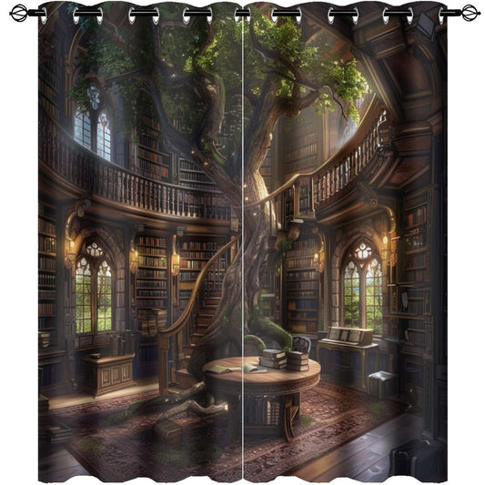 HDESDIS Retro Library Fantasy Grommet Blackout Curtains for Bedroom, Abstract Tree Plant Classic Bookshelf Thermal Insulated Curtains Room Darkening Window Drapes, 21W x 45L, 2 Panels