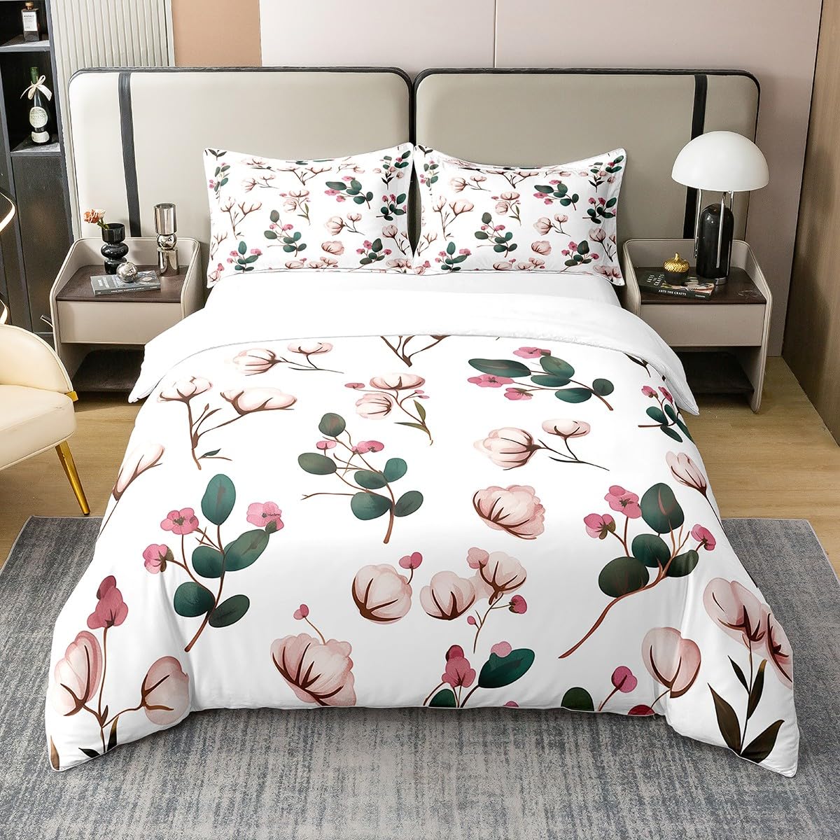 Erosebridal White Pink Cotton Bed Set,Cute Wool Print Bedspread Cover,Farmhouse Botanical Floral Duvet Cover,Branche Flowers Comforter Cover with 1 Pillowcase Twin Size