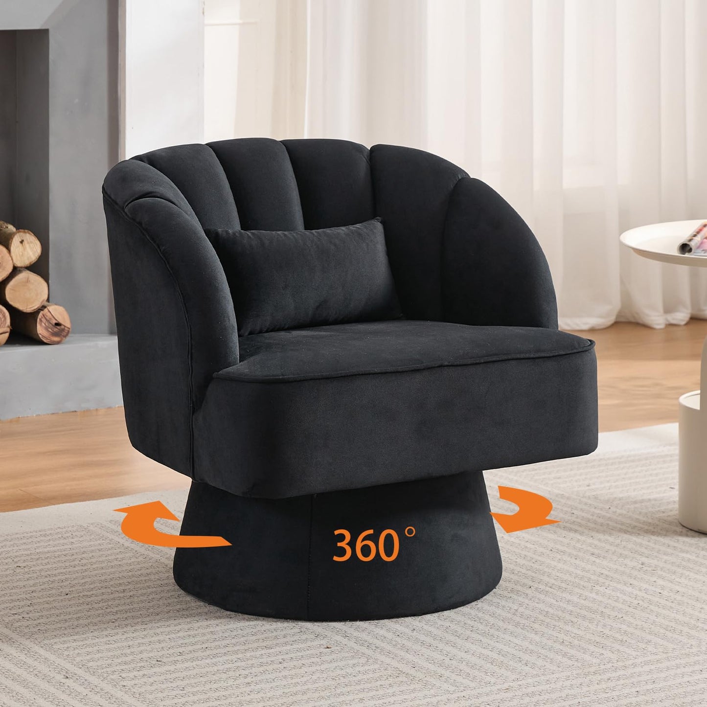 Garvee Ultra-Plush Swivel Accent Chair, 360° Barrel Lounge Chair with Cloud-Like Padding & Modern Striped Backrest, Velvet Upholstered Round Armchair for Living, Bedroom Reading Nook - Black