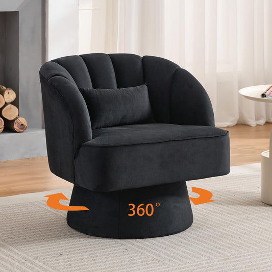 Garvee Ultra-Plush Swivel Accent Chair, 360° Barrel Lounge Chair with Cloud-Like Padding & Modern Striped Backrest, Velvet Upholstered Round Armchair for Living, Bedroom Reading Nook - Black
