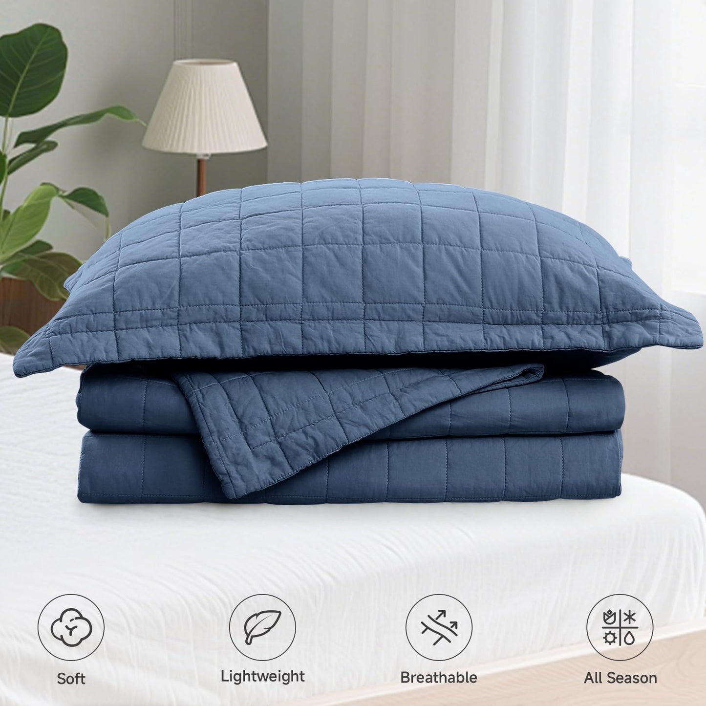 FFQSS Quilt Queen Size Bedding Sets - 100% Cotton Lightweight Luxury Comforter Set, Full Size Stitching Bedspreads Coverlet with 2 Pillowcase Suit for All Season, Blue
