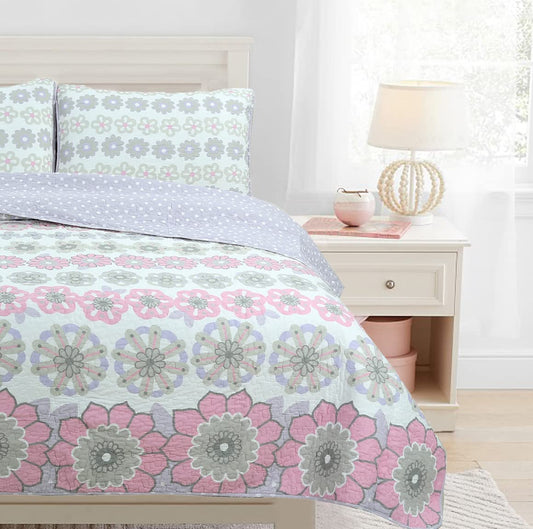 Cozy Line Home Fashions Light Purple Lavender Pink Floral 100% Cotton Reversible Quilt Bedding Set, Bedspread, Coverlet for Girls (Lilac Flower, Twin - 2 Piece)
