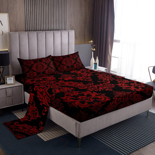 Feelyou Adults Red Vintage Damask Floral Sheet Set Oriental Antique Sheets with Deep Pocket Fitted Sheet Full Size Gothic Bohemia Boho Flower Bed Sheets Set Bohemian Exotic Bedding Set Bed Set 4Pcs