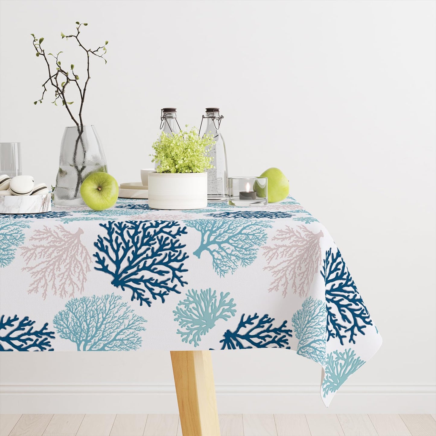 Ocean Tablecloth Coastal Nautical Rectangle Tablecloth Coral Print Ocean Themed Beach Decorative Waterproof Table Covers for Outdoor Dining Room Kitchen Living Room, 60x84 Inches, Navy/Blue/Teal/