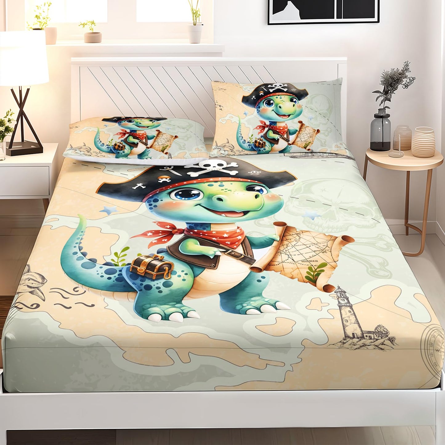 AILONEN Cute Dinosaur Fitted Sheet Set, Twin XL Size, Ocean Map Nautical Pirate Bed Sheet Set, Boys Exploring Captain Dinosaur Fitted Sheet with 2 Pillowcases