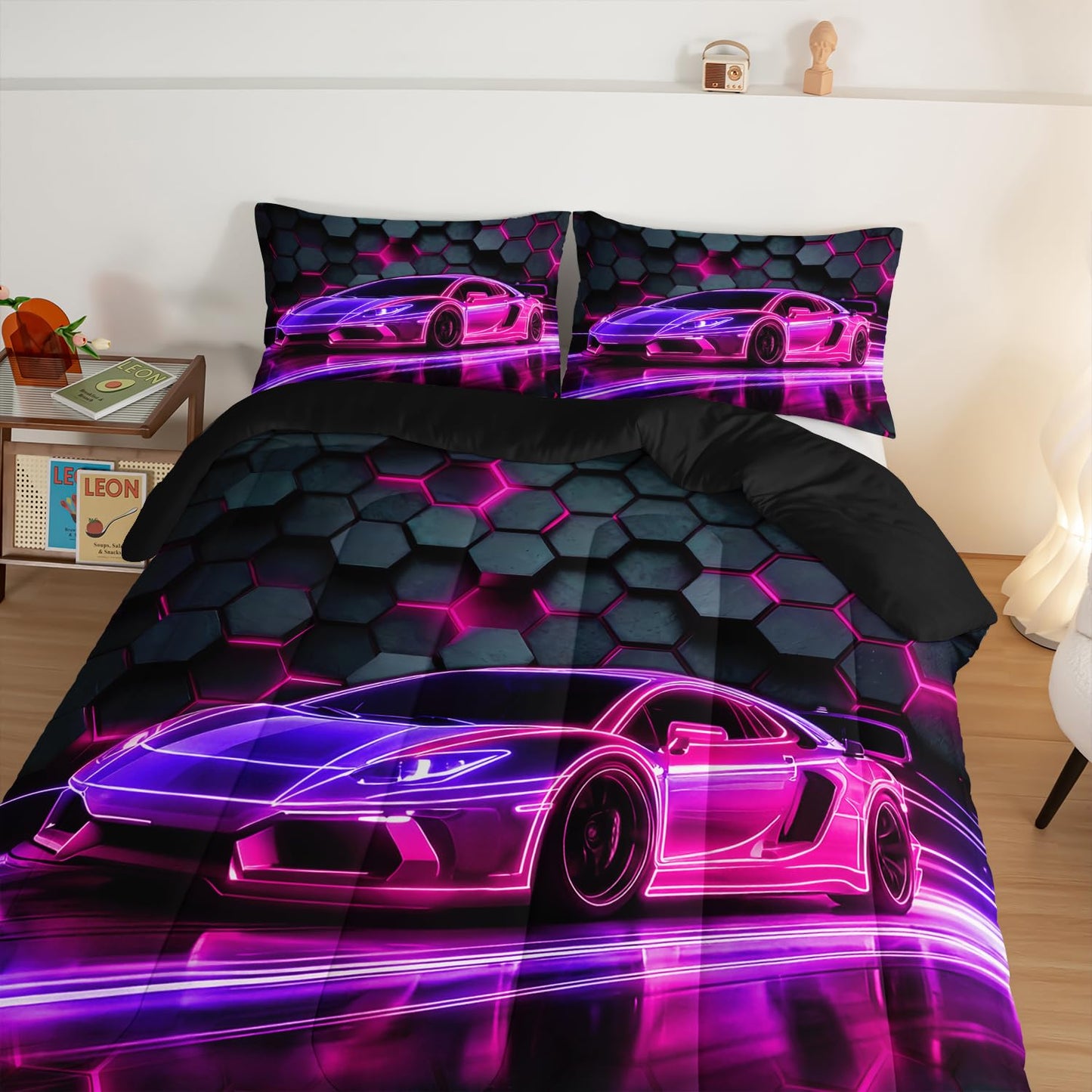 HOSIMA Race Car Bedding Sets for Boys,Honeycomb Geometric Background Pattern Cool Extreme Sports Bedding Queen for Kids Men Car Themed Room Decor,Gaming Comforter with 2 Pillowcases.