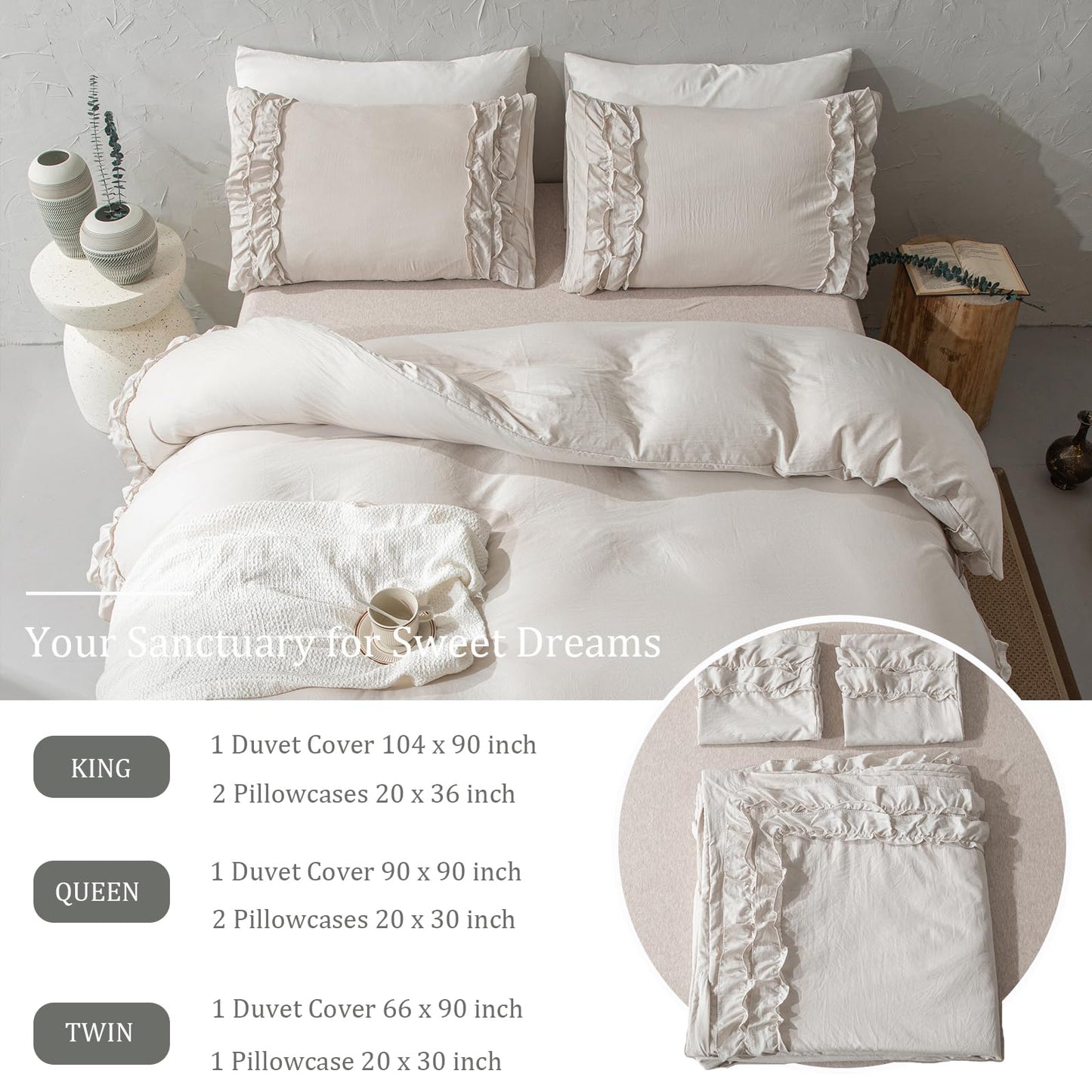 Bedorm Beige Duvet Cover Queen Shabby Chic Bedding Soft Breathable Washed Microfiber Ruffle Duvet Cover Coquette Cute Comforter Cover Girls Women