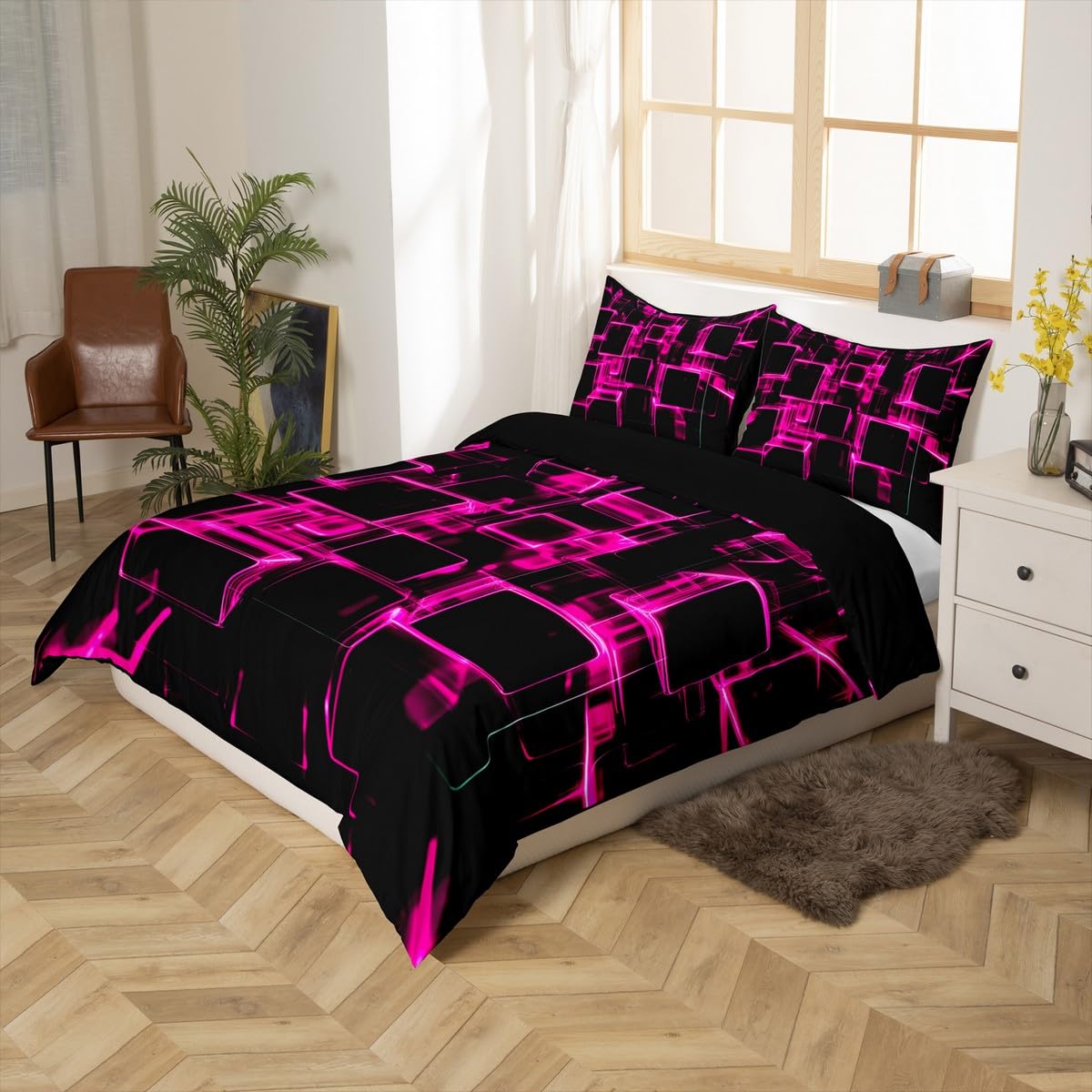 Erosebridal Girly Pink and Black Kids Duvet Cover, Modern Abstract Geometric Square Bedding Sets for Boys Girls Gradient Neon Light Honeycomb Bed Cover Queen with 2 Pillowcases