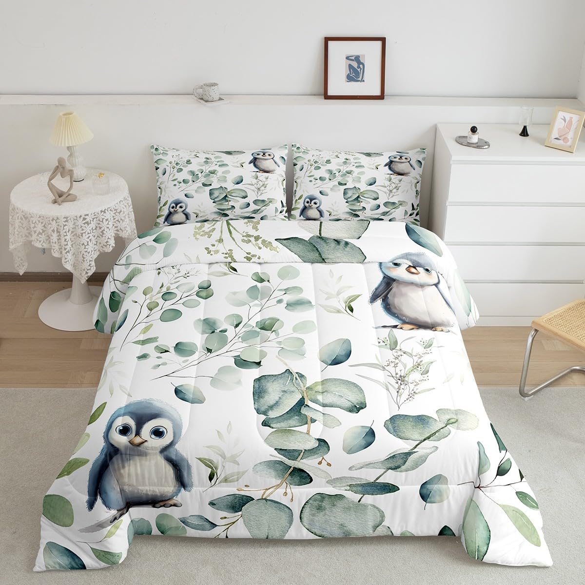 Erosebridal Cartoon Penguin Bedding Twin Toddler Woodland Wildlife Comforter Set, Plant Duvet Insert Eucalyptus Leaf Quilt Comforter, Antarctic Animal Theme Bedding Comforters & Sets Kids Room Decor