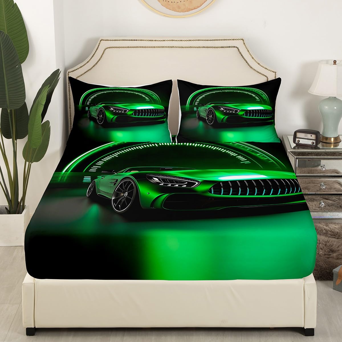 Green Race Car Fitted Sheet Twin Size Sports Car Bedding Set Extreme Games Sport Theme Bed Cover For Kids Boys Youth Man Vehicle Racer Speedometer Automobile Bedclothes 2Pcs Child Room Decor
